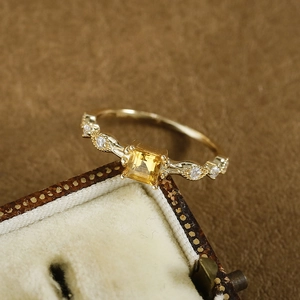 Vintage S925 silver 14K gold ring with square citrine and hollow engraved band