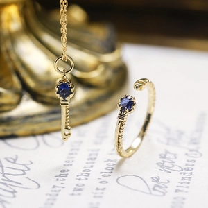 Vintage S925 Sterling Zilver 14K Verguld Blauwe Korund Sleutel Hanger Ketting Verstelbare Open Ring Sieraden Set Voor Vrouwen