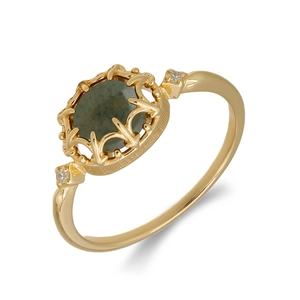 Vintage S925 gold-plated ring with oval green stone and intricate hollow crown setting