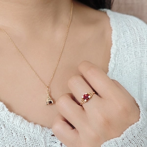 Elegante vergulde S925 zilveren sieradenset met rode granaat ring en ketting set