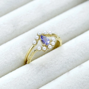 Bague élégante en argent S925 plaqué or 14k avec tanzanite poire et perles