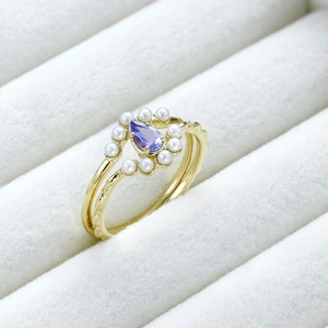 Bague minimaliste en argent S925 or 14k avec tanzanite poire et perles blanches élégantes