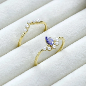 Bagues empilables en argent S925 plaqué or 14k avec perles et tanzanite poire