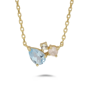 Elegant gold necklace featuring pear-cut sky blue topaz and round pink gemstone accents