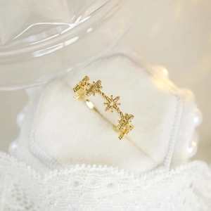 Detailed macro view of S925 lace ring with zircon stars on white velvet box