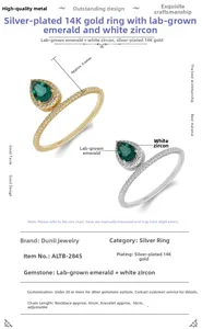 Macro view of pear-cut lab emerald and cubic zirconia set in S925 silver ring band