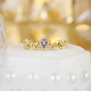 Elegant 14k gold plated crown ring with teardrop purple gemstone and lace texture