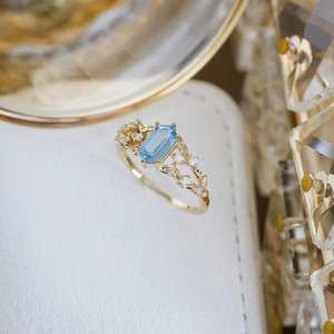 S925 Sterling Silver 14K Gold Plated Swiss Blue Topaz Ring For Women Hollow Leaf Design Zirconia Inlaid Vintage Jewelry