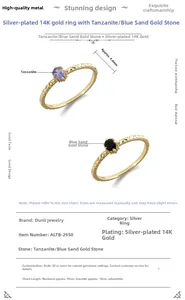 Dettaglio di anelli in argento placcato oro S925 con tanzanite e pietra blu sabbia
