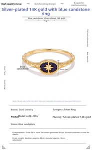 Detail view of S925 silver ring with blue goldstone and golden starburst engraving
