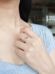 Detailed shot of S925 silver ring with London Blue Topaz and vintage hollow design