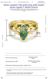 Detail of S925 silver 14K gold plated ring set featuring natural moss agate and white zircon
