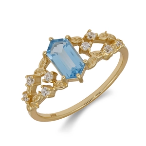 S925 silver 14K gold plated ring featuring a blue London topaz and leaf zircon patterns