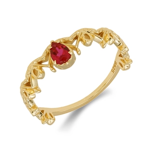 Lace style S925 silver 14k gold plated ring with pear-cut ruby and vine leaf design