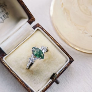 Vintage S925 silver ring featuring marquise-cut moss agate and white zircon accents