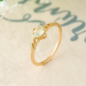 Vintage S925 silver natural prehnite ring for women with gold plating and milgrain details
