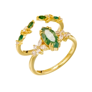 S925 silver gold plated moss agate ring set with marquise gemstone and zircon flower