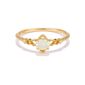 Vintage S925 silver ring with oval green prehnite gemstone and gold-plated finish