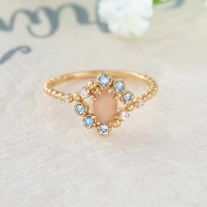 Bague en Argent Sterling S925 Pierre de Lune Orange Naturelle Plaqué Or 14K Spinelle Bleu Zirconia Fleur Bijoux Pour Femme