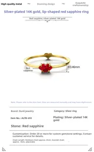 Macro shot of S925 silver red corundum lip ring with 14K gold plating detail