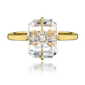 Luxuriöser S925 Silberring mit rechteckigem Kristall und Sternmuster, Gold-Finish