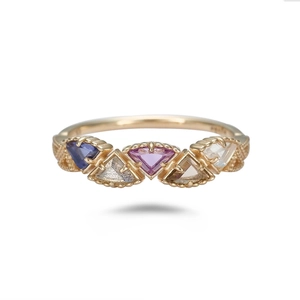 Golden ring with five multicolored triangular gemstones including labradorite and iolite