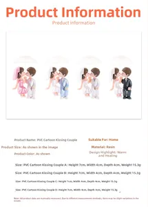 Close-up of PVC resin kissing couple figurines with umbrellas and detailed size specifications