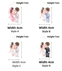 Detail showing four styles of miniature PVC couple figurines for wedding decor with dimensions