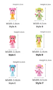 Tableau des tailles montrant les dimensions de six figurines de fées avec hauteur et largeur