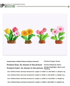 Detailed size chart showing resin artificial plant dimensions and weights for mini decor