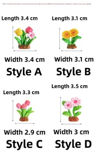 Detailed size comparison of four resin floral micro landscape ornaments with dimensions