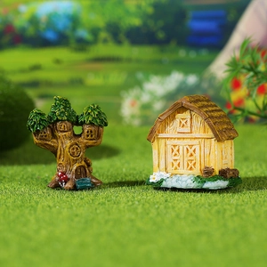 Miniatur Baumhaus und Scheune Set aus Harz für Feengarten und Bonsai Landschaftsdekor