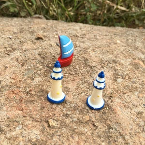 Miniature resin lighthouse and sailboat set for Mediterranean micro landscape decor