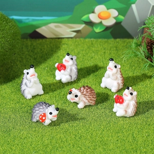 Lot de 6 figurines miniatures de hérissons en résine avec champignons rouges