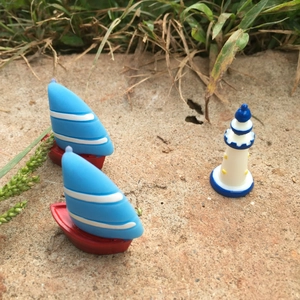 Mediterranean miniature blue lighthouse and sailboat resin figurines for micro landscape