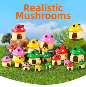 Close-up of colorful resin mushroom house miniatures for succulent garden landscaping