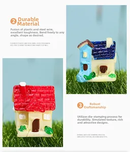 Macro detail of flexible plastic and wire miniature houses for succulent terrarium decor