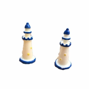 Miniature resin lighthouse pair in Mediterranean style with blue and yellow accents