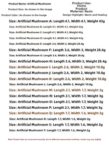 Detailed size chart for resin mushroom miniatures in various dimensions and weights
