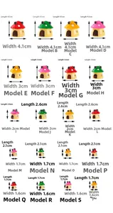 Size guide for colorful miniature resin mushroom houses with various scale dimensions