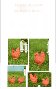 Detailed views of resin rooster and hen miniatures on artificial grass for micro landscapes