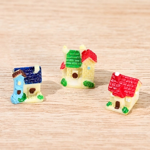 Three assorted miniature European style resin cottages for micro landscape decoration