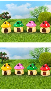 Set of four colorful resin mushroom house miniatures for moss micro landscape decor