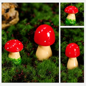 Macro detail of red dotted mushroom miniatures for succulent garden landscaping