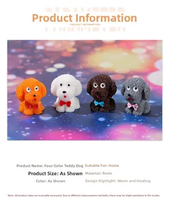 Set of four colorful resin teddy dog figurines in orange, white, brown and grey colors