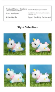 Vue détaillée de quatre mini figurines de licorne en résine pour décor de paysage