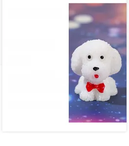 Detailed view of white resin teddy dog figurine with red bow for moss micro landscapes
