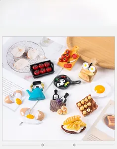Detailed close-up of colorful resin miniature food magnets and kitchen decor items