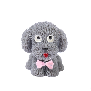 Miniature resin grey teddy dog figurine with pink bow for DIY moss landscape decor