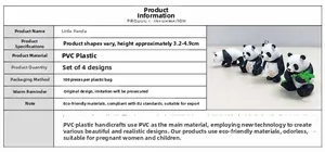 Macro detail of 4 different cute panda figurines showing size dimensions and PVC material